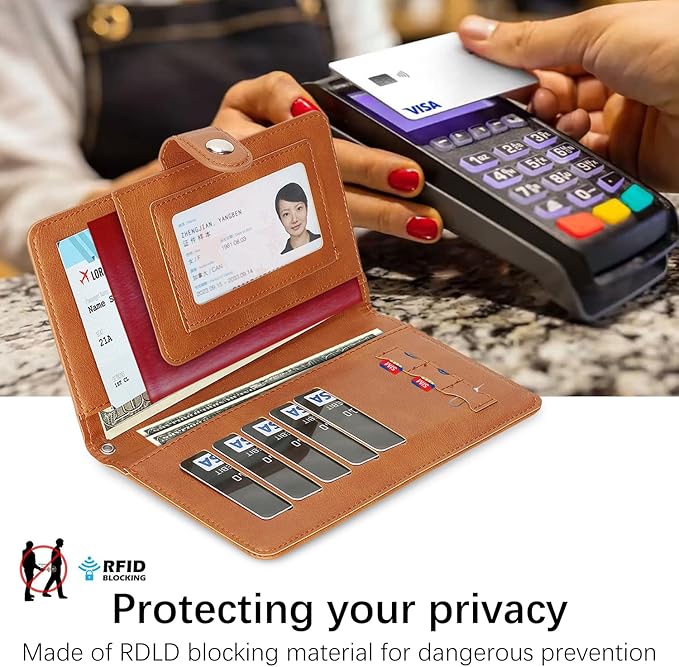Passport Holder for Travel Essentials, RFID Blocking PU Leather Wallet Cover with Wristlet Strap Magnetic Closure Passport Book Holders Case for Women and Men, Brown