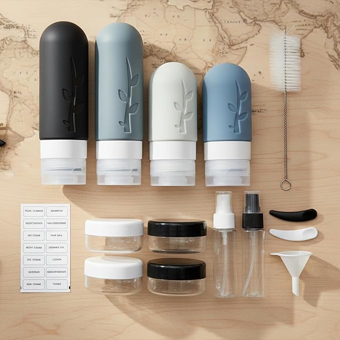 DEPOZA Travel Bottles Kit (16 Pack) - TSA Approved, Leak Proof Silicone Squeezable Containers for Toiletries. Complete Set with Jars, Sprayers & Bag (Black)