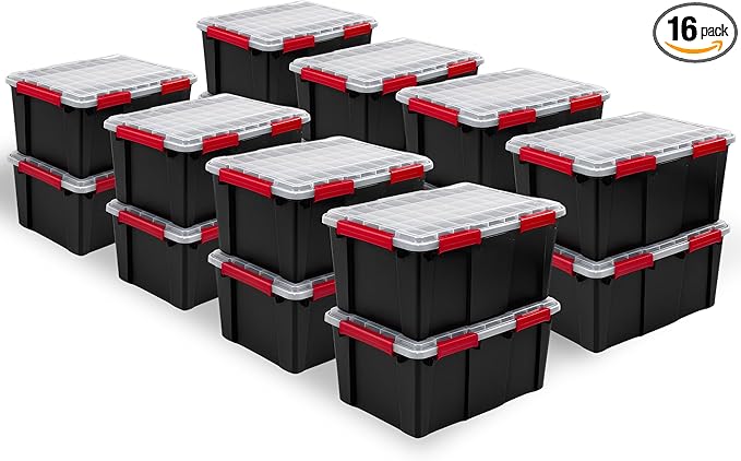 Sterilite 16 Pack Gasket Box, Stackable Plastic 20 Gallon Storage Container with Lids, Black - Waterproof and Dustproof Tote for Home Organization