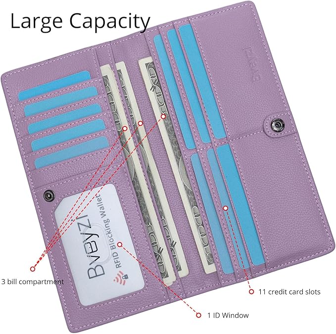 Bveyzi Ultra Slim Thin Leather RFID Blocking Credit Card Holder Bifold Clutch Wallets for Women