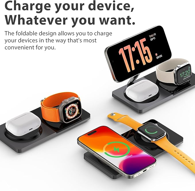 3 in 1 Charging Station for Apple Devices: Mag-Safe Charger Stand Fast Charging, Wireless Charger for iPhone 17 Air 16 15 14 13 12 Series, Apple Watch Series 1-9/Ultra, AirPods Pro (Black)