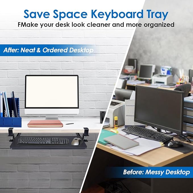 KOCASO Keyboard Stand for Desktop - 25.59”x9.64”x0.51” Keyboard Tray with Retractable Slide Out Drawer, Height Adjustable and C Clamp Installation, Supports up to 55LBS，Perfect for Home or Office