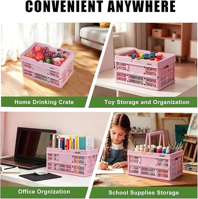 Pink Plastic Baskets with handles,2-pack Collapsible crates for storage,14.96"x9.84"x7.87" foldable shopping basket ,foldable crate with Handles for car Classroom Kitchen Bathroom Medicine Milk