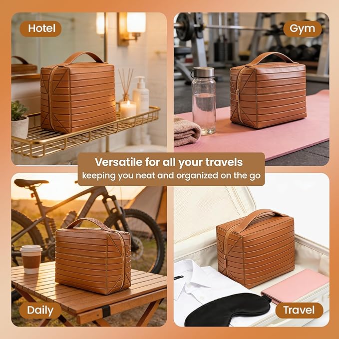 Fold Down Standing Makeup Bag – Large Travel Toiletry Organizer (Pink) | Parallel design, waterproof PVC, stands upright or folds flat. Full-size cosmetics & Toiletries. Ideal for travel, gym, home.