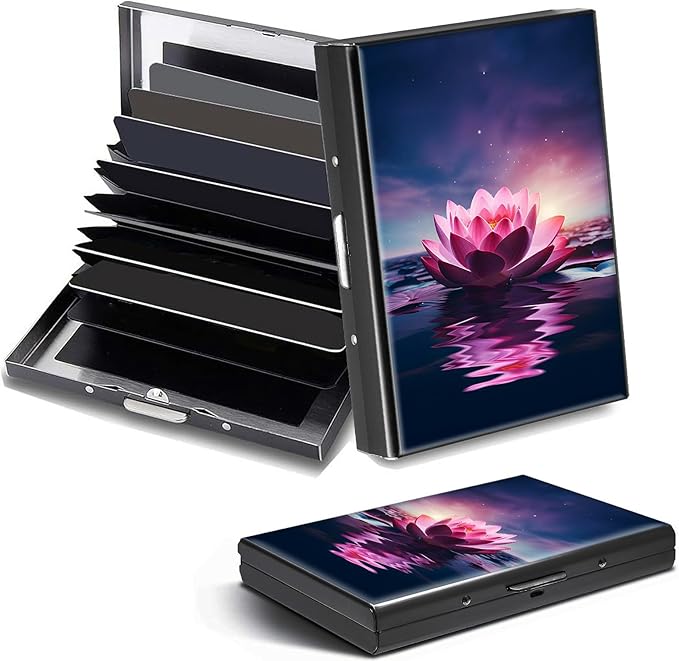 Credit Card Holder, Lotus Flower Design Mini RFID Blocking Aluminum Wallet Slim Metal Hard Case Shell Travel Wallet ID Case Small Credit Cards Case Business Cards for Women Men Girls