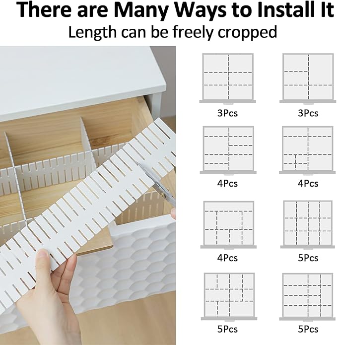 14.5 in White Adjustable Drawer Dividers, TWUTGAYW 8PC DIY Grid Drawer Organizer Dividers, Plastic Organizer Separator for Socks Underwear Makeup Cosmetic Clothes Can Help Tidy Kitchen Bedroom Dresser