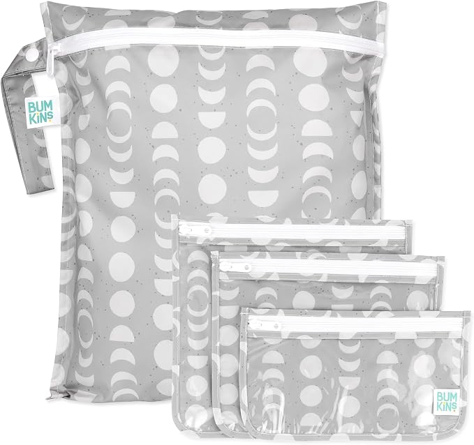 Bumkins - Waterproof Wet Bag & Clear Travel Bags - For Beach, Baby, Travel, Swim Suit, Cloth Diapers, Pump Parts, Pool, Gym, Toiletries - Reusable & Easy to Clean - Lunar Gray - 4 Pack