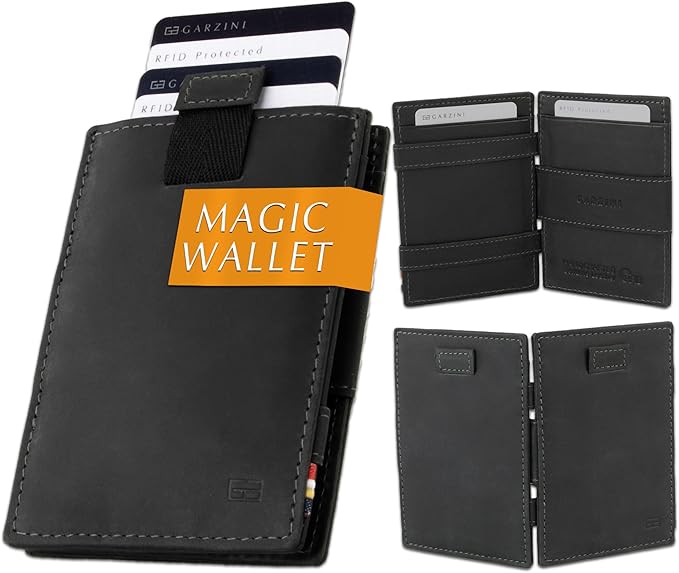 GARZINI Magic Wallet with Pull-Tab, Minimalist Wallet with RFID card holder, Leather Wallet for 12 cards, Carbon Black