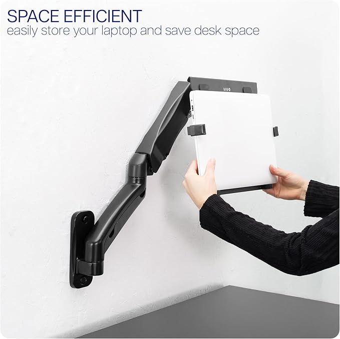 VIVO Height Adjustable Pneumatic Extended Arm Laptop Wall Mount, Full Motion Articulating Notebook Tray, Fits 10 to 15.6 inch Screen, Black, MOUNT-V001GL