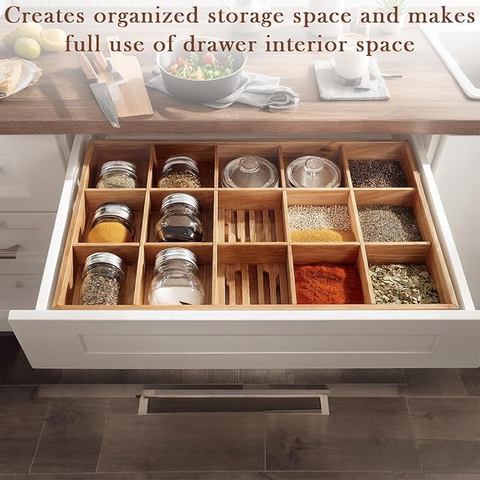 18 Pack Bamboo Drawer Dividers Inserts 3 Sizes Adjustable for Drawer Organizers Kitchen Utensils Storage Home Office Bathroom Dresser Cosmetic, 7.1 x 2.3 in, 4.7 x 2.3 in, 3.15 x 2.3 in