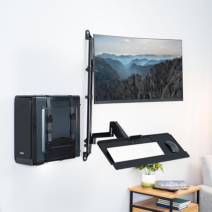 VIVO Black Sit-Stand Height Adjustable Pneumatic Spring Arm Keyboard, Monitor, CPU Wall Mount for 1 Screen up to 32 inches STAND-SIT1BW