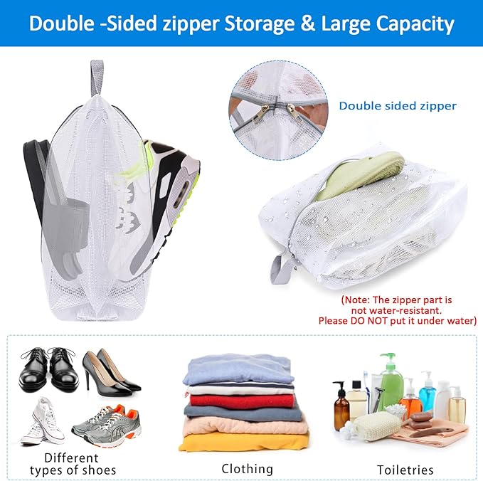 SelfTek Shoe Bags for Travel - 3 Pack 1 Size Double-Sided Zipper Shoe Bag for Men & Women, Waterproof Portable Shoe Storage Pouch with Handle, Family Travel Accessories - Medium Size