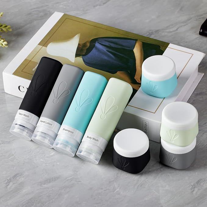 INSFIT travel bottles for toiletries 8 Pack, Leak proof Travel Size Toiletries Containers with toiletry bag, Squeezable Silicone Bottles & Cream Jars, Travel Essentials BPA-Free kit for Shampoo