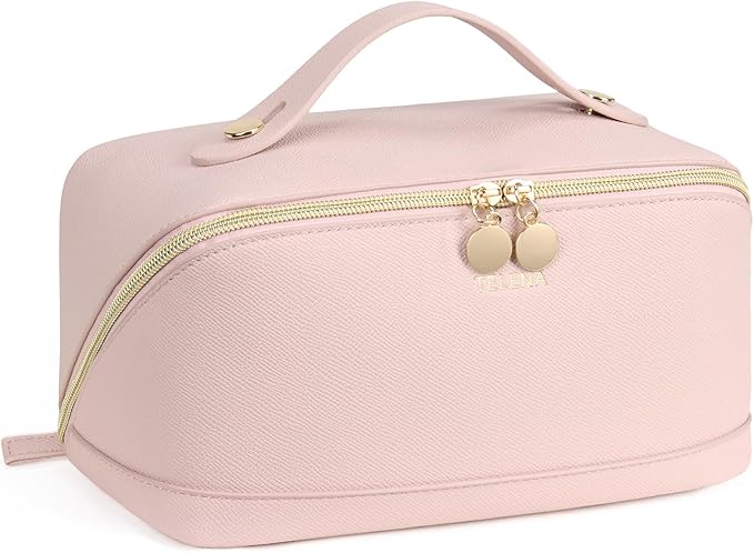 Telena Leather Make Up Bag Portable Travel Makeup Bag Waterproof Cosmetic Bags for Women Large Capacity With Handle and Divider Open Lay Flat Pink