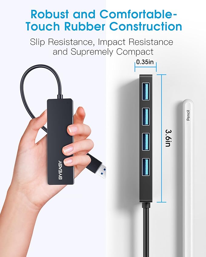 BYEASY USB Hub, Multiple USB 3.0 Hub, USBA Splitter for Laptop with Type C Power Port, Extender for Mouse, Keyboard, Flash Drive, U Disk, Printer Compatible with A Port Laptop, PC, Desktop and More