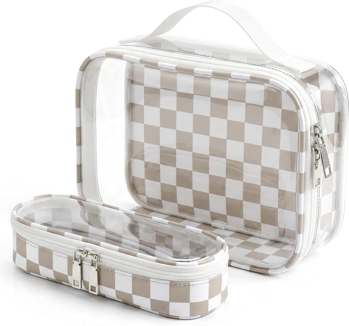 LETGO Clear Checkered TSA Approved Toiletry Bag,Diaper Bag Organizer Pouch Set,Clear Waterproof Makeup Bags with Zipper,Purse Organizer Pouches,Travel Beach Organizer Bags for Woman and Kids