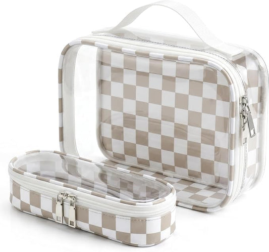 LETGO Clear Checkered TSA Approved Toiletry Bag,Diaper Bag Organizer Pouch Set,Clear Waterproof Makeup Bags with Zipper,Purse Organizer Pouches,Travel Beach Organizer Bags for Woman and Kids