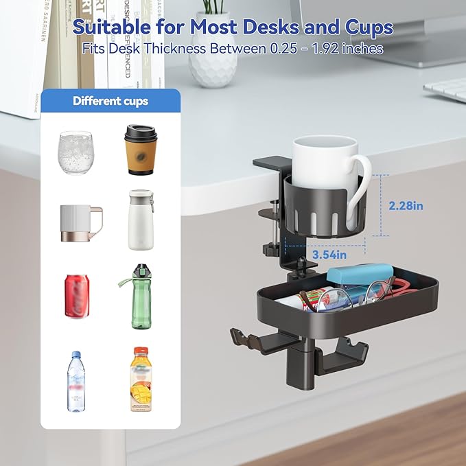 KDD Desk Cup Holder with 2 Headphone Hook - Rotating Pencil Holder & Detachable Drawer Tray - Clamp on Under Desk Headphone Holder Hidden Storage for Office School Home Accessories