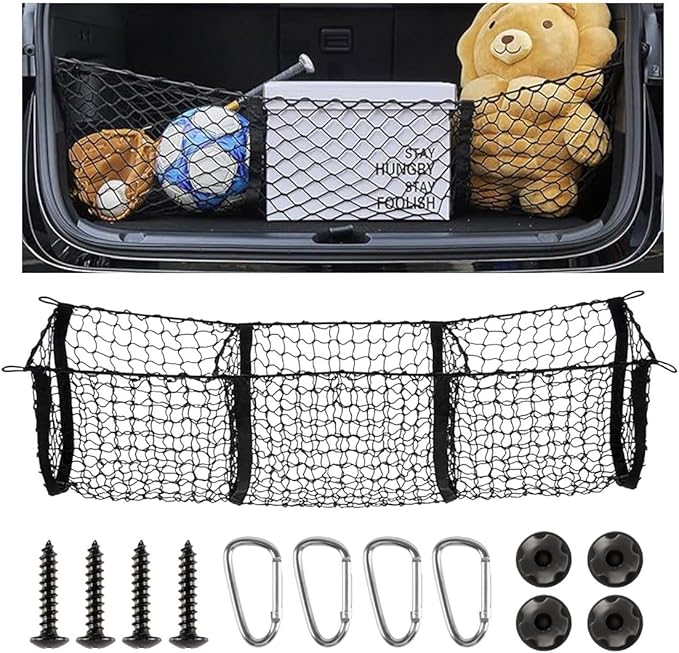 Detachable Cargo Net for Car, Expandable 3 Pocket Heavy Duty Cargo Net Organizer with 4 Metal Carabiners, Compatible with SUVs, Cars, Pickup Trucks, Van Trunk Beds