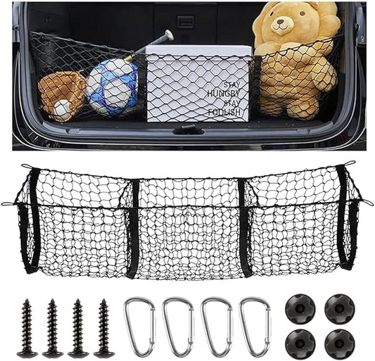 Detachable Cargo Net for Car, Expandable 3 Pocket Heavy Duty Cargo Net Organizer with 4 Metal Carabiners, Compatible with SUVs, Cars, Pickup Trucks, Van Trunk Beds