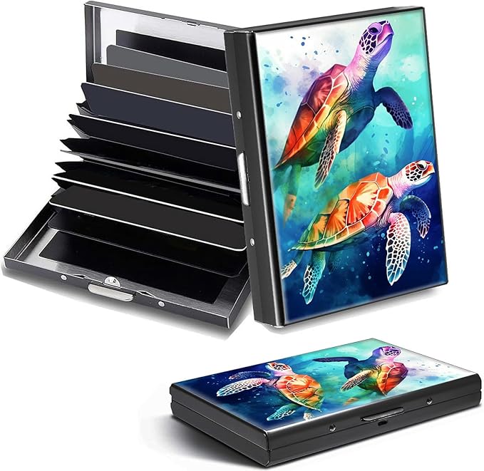 Credit Card Holder, Sea Turtles Design Mini RFID Blocking Aluminum Wallet Slim Metal Hard Case Shell Travel Wallet ID Case Small Credit Cards Case Business Cards for Women Men Girls