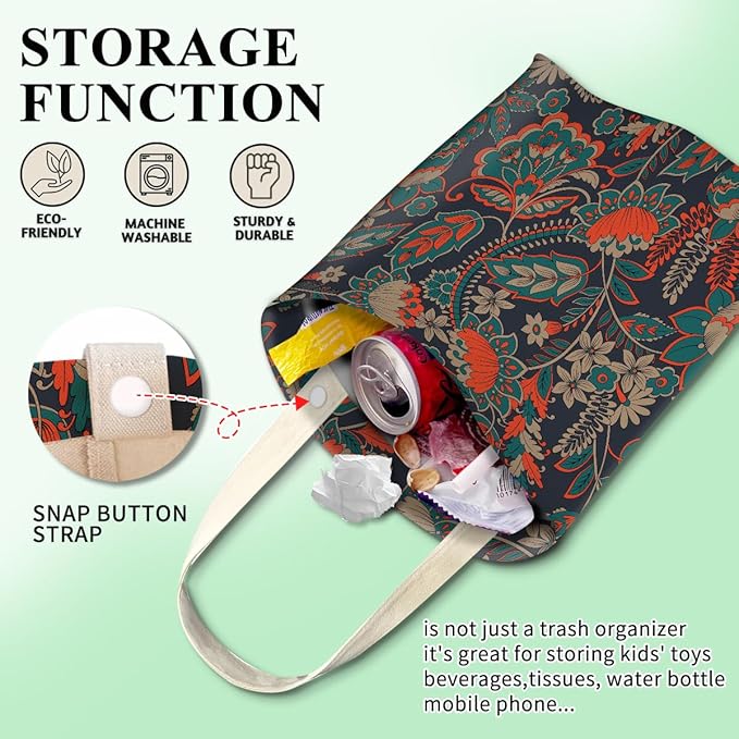 Car Trash Can, Cute Car Trash Bag, Hanging Car Organizer and Storage Bag, Trash Bin for Car Accessories, Vehicle, Travelling, Camping Luxury Paisley Flowers