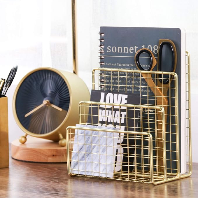 3 Slots Letter Holder, Metal Multifunctional File Holder for Mails, Books, Brochures and Postcards, Desktop Office Organizer Decoration, 5.6” x 3.7” x 7.0”, Gold