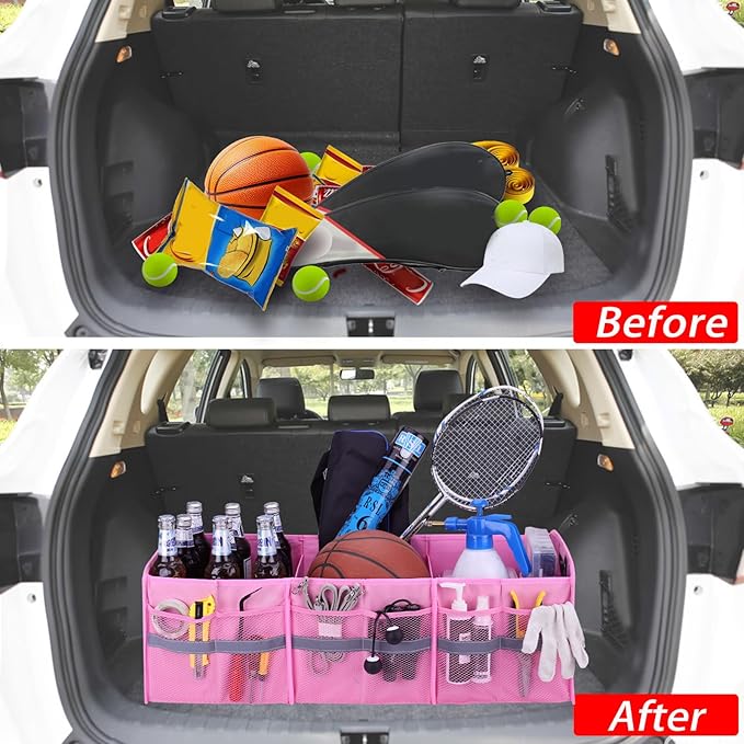Homeve Large Collapsible Trunk Organizer with Multi Pockets, 3 Compartments Storage Organizer for Car, SUV, Minivan