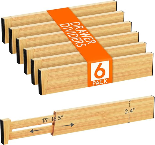 Lifewit 2.4" High 6 Pack Bamboo Drawer Dividers 33-42cm/13-16.5" Adjustable Wooden Drawer Organizer for Clothes/Utensils, Expandable Drawer Separator for Dresser/Kitchen/Bedroom/Office Organization