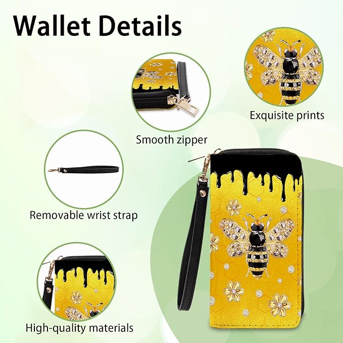 Bee-Themed Wallet for Women - Slim PU Leather Womens Wallet with Cash Zipper Coin Purse, Small Credit Card Holder Travel Wallet, Wristlet Wallets for Female Ladies Teen Girls Purse (Bee Lovers Gift)