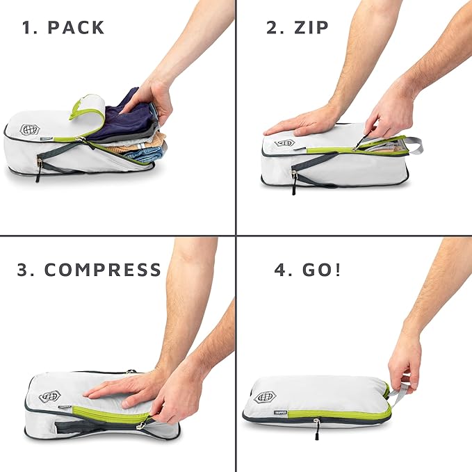 Compression Packing Cubes for Travel, 2-Piece Lightweight Packing Cubes Set for Carry-On Luggage & Backpacks – TRIPPED Travel Gear (White and Green)
