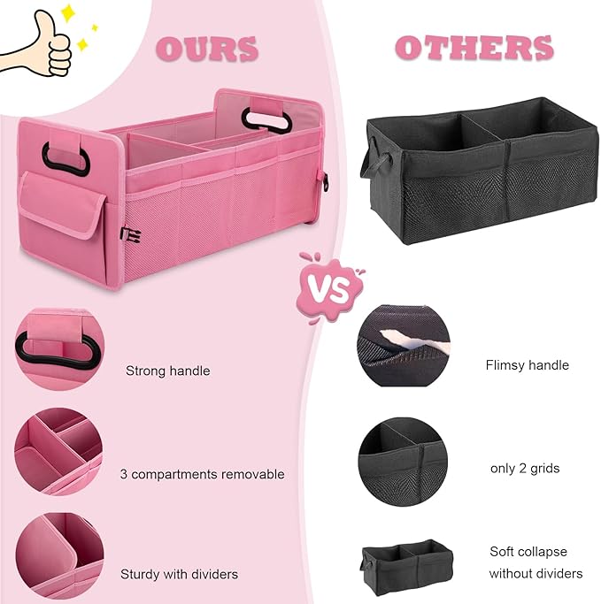 JiatuA Car Trunk Organizer, Car Organizers and Storage Collapsible Multi Compartment Container Box, Adjustable Car Accessories for SUV Sedan Truck, Standard Size, Pink
