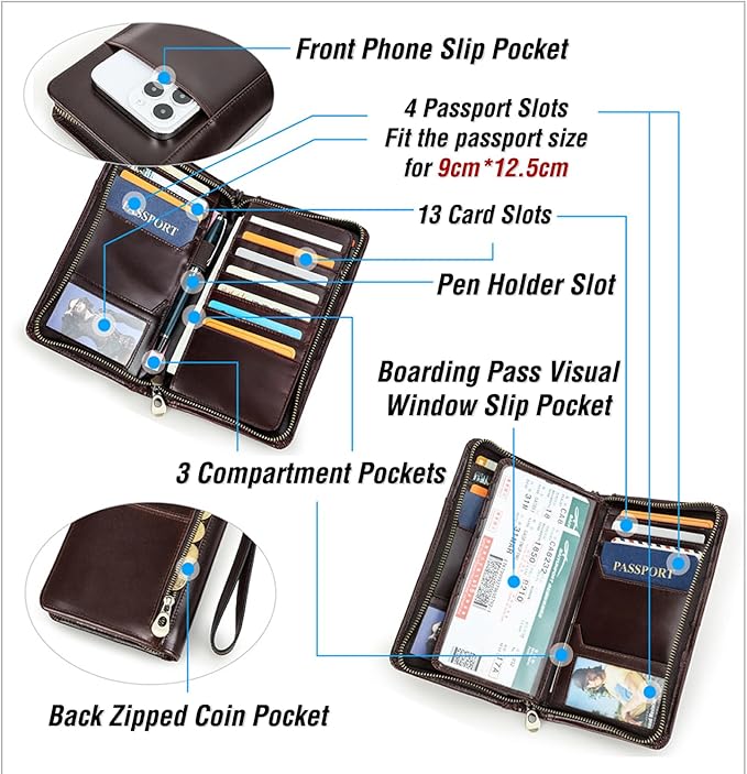 Top Grain Leather Customizable Travel Passport Wallet Holder for Man & Woman, Handmade for 4 Passports & Multi Cards, RFID Blocking Large Capacity for Cards/Passports/Tickets