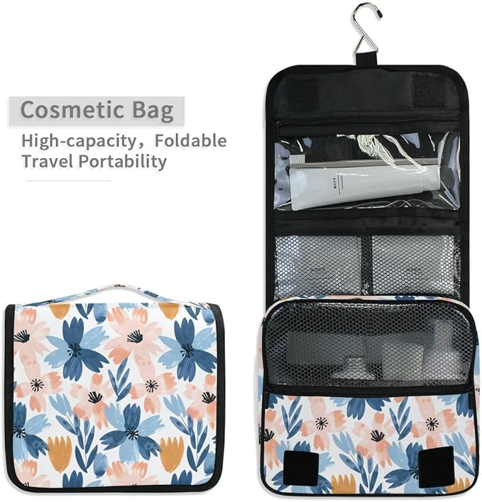 Hanging Travel Toiletry Bag Retro Flowers Pink Blue Kit Makeup Case Cosmetics Organizer for Men Women