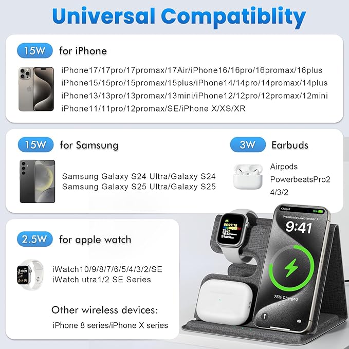 Wireless Charger iPhone, Fast Charging Station for Apple Watch, 3 in 1 Portable Charge Stand for Samsung Galaxy S24/S25 iWatch iPhone 16 15 14 13 12 Pro Max AirPods