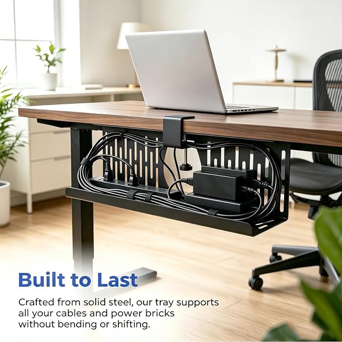 Under Desk Cable Management Tray, Cord Organizer for Desk Cable Management Tray Under Desk with Clamp for Home Office, Standing Desk(1Pack，Black)