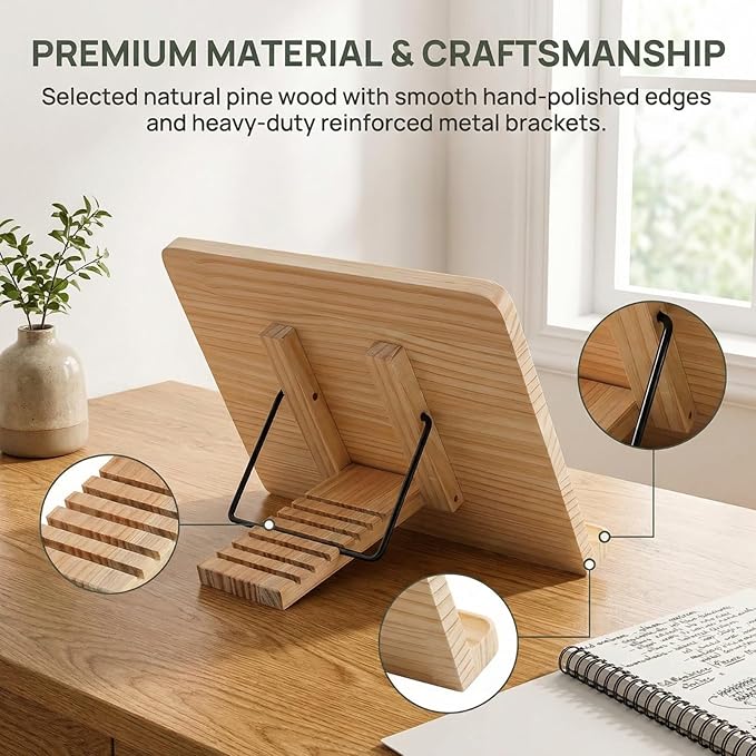 Reading Rack Wooden Bookshelf - Book Stand Foldable with 8 Adjustable Positions and Page Clips,Suitable for cookbooks、iPads、laptops、Sheet Music、and Reading Stands (15x11.4inch)