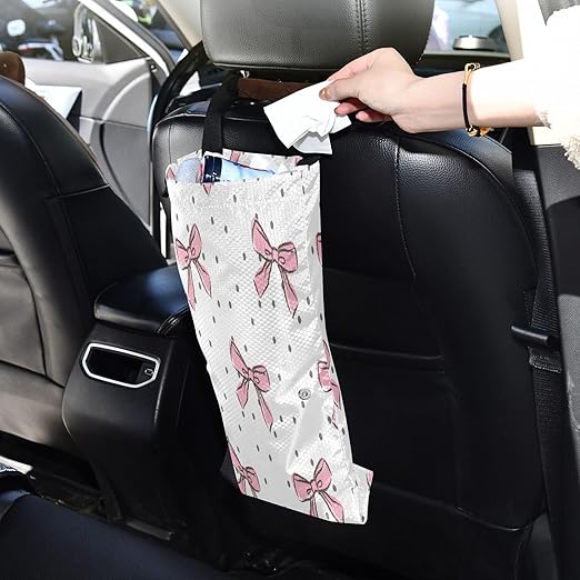 YETTASBIN Bow Pink Hanging Car Trash Can with for Front Back Seat 2 Packs, Waterproof Washable Reusable Automotive Garbage Bin, Versatile Car Accessories Trash Bag