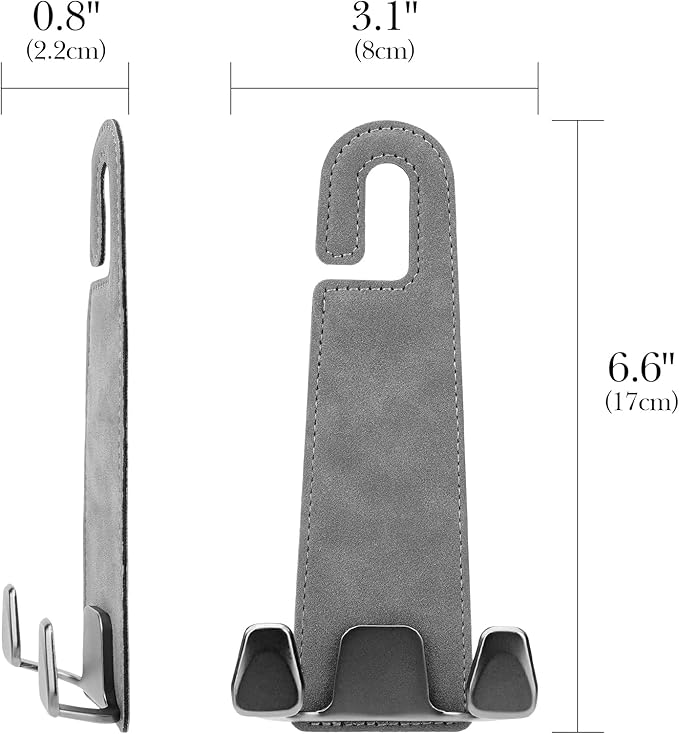 Adorila 2-Pack Car Headrest Hooks | 2-in-1 Vegan Leather Purse Hanger & Phone Holder | Automotive Seat Back Organizers for Bags, Hats or Groceries (Grey)