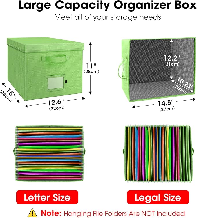 File Organizer Box with Lid, Linen Hanging File Storage Box with Handle, Collapsible Document Filling Box for Letter/Legal Folder, Portable File Box for Office/Decor/Home (1 Pack, Green)