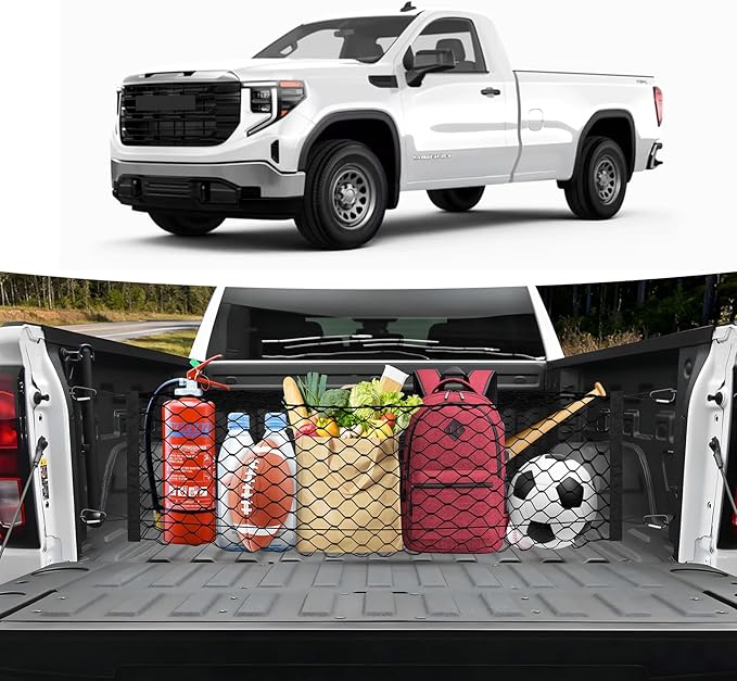 Canvcle Truck Bed Cargo Net for 2019-2025 2026 GMC Sierra 1500/2020-2026 Chevy Silverado 2500 3500 Accessories Envelope Style Mesh Trunk Net Organizer and Storage Stretchable Nylon Rear Cargo Netting