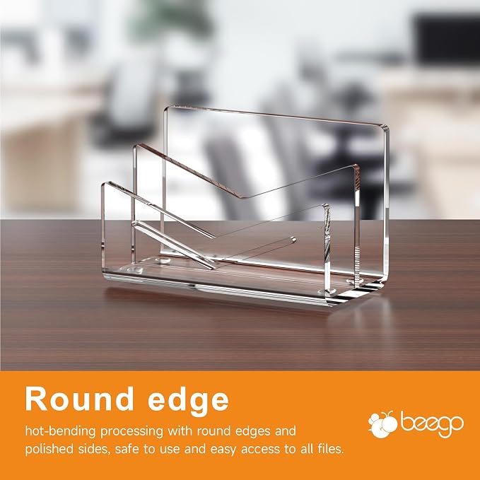 Beego Envelope and Mail Organizer Countertop - 2 Compartments Clear Acrylic Desk Organizer Letter Holder Desktop File Sorter Bill Document Folder Rack for Office, Home, School Desk Organization