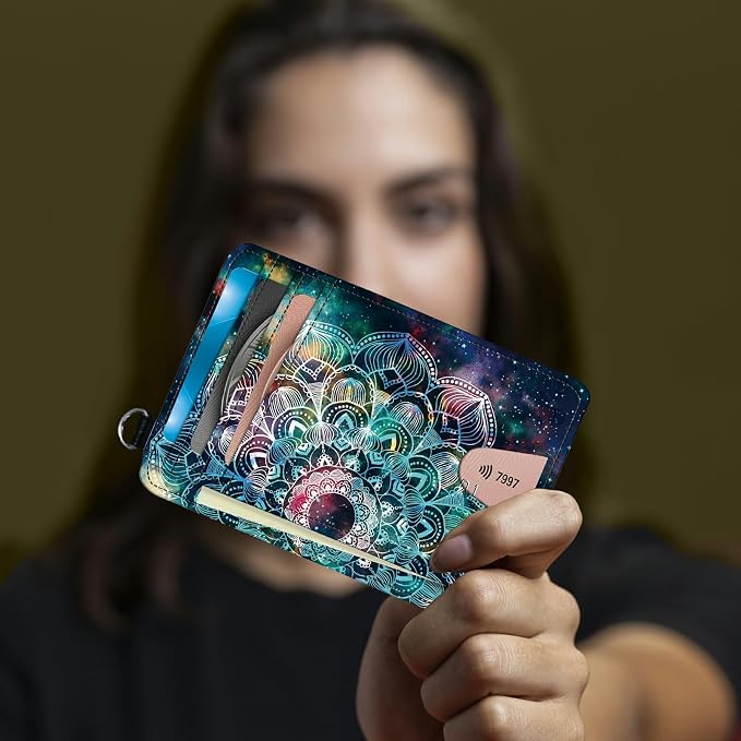 Small Travel Wallets, Art Mandalas Slim Minimalist Front Pocket Wallet with Wristlet, RFID Blocking PU Leather Credit Card Holder with ID Window Change Purse for Men Women