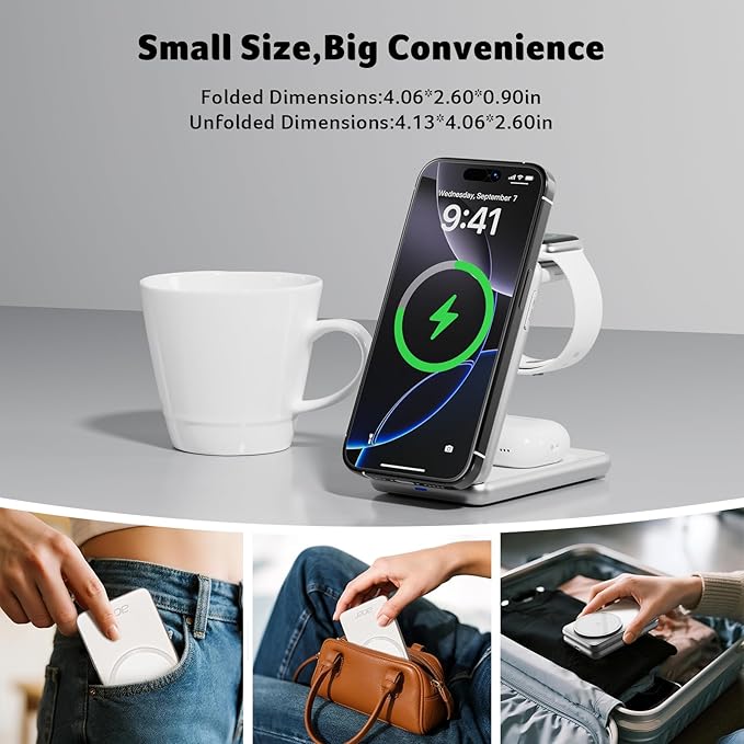 Acer 3 in 1 Charging Station for iPhone, Wireless Charger Stand,15W Fast MagSafe Charger for iPhone 17 16 15 14 13 12 Series-Apple Watch 11 10 9 8 7 6 5 4 3 2 SE and Ultra Series-Airpods 4 3 2 Pro