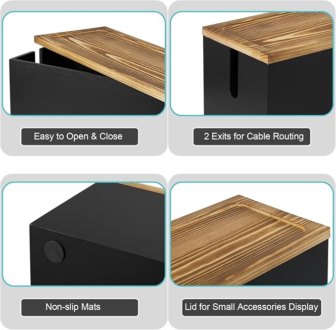 Bivvclaz Cable Management Box Medium, Wooden Cord Organizer Box for Desk, Floor, Office to Hide Extension Cords Power Stripes Surge Protectors Chargers Wires, Black