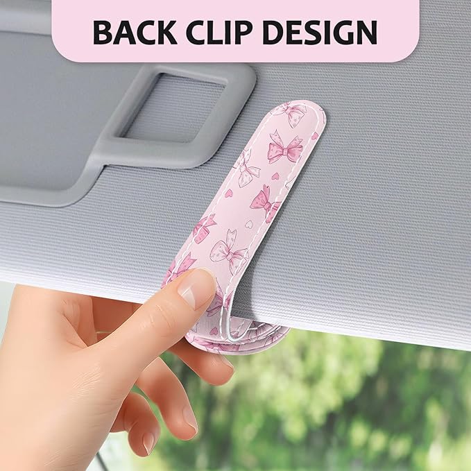 2 Pack Magnetic Leather Sunglass Holder, Universal Magnetic Car Eyeglass Hanger Clip for Different Size Eyeglasses, Car Visor Accessories (Bow)