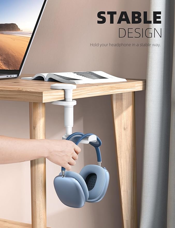 Lamicall Headphone Stand, Headset Holder - [2025 Upgarded] 360° Rotating Headphone Hanger, Earphone Holder Hook Mount Clamp Under Desk for Airpods Max, Sennheiser, More, White
