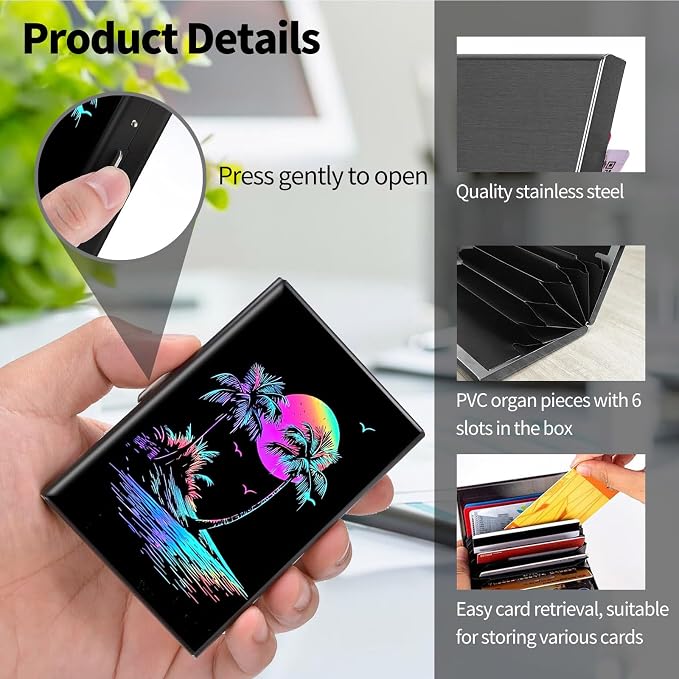 Metal Wallet for Women Men Girls, RFID Blocking Slim Aluminum Credit Card Holder, Mini Travel Wallet with Hard Shell, Lightweight ID & Business Card Case,Art Palms Tropical Beach