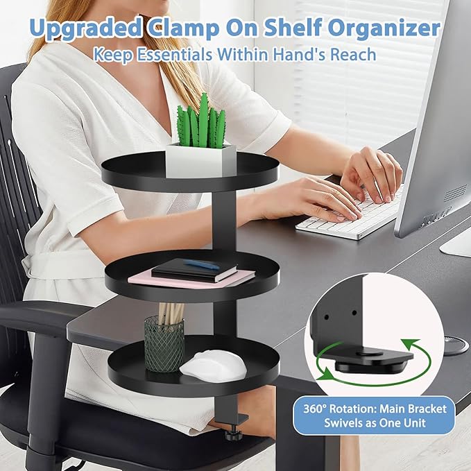 Swivel Clamp On Desk Shelf with 9.8in Adjustable Metal Storage Tray Above or Under Desk Storage 3-Tier Desk Extension Shelving Unit No Drilling Desktop Shelves for Max Desktop Thickness 2.4in