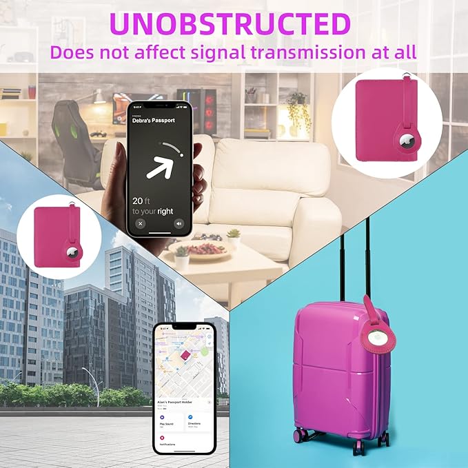 WALNEW AirTag Passport Holder, PU Leather Airtag Wallet RFID Blocking Passport Cover Travel Essentials Case for Women Men (Hot Pink)